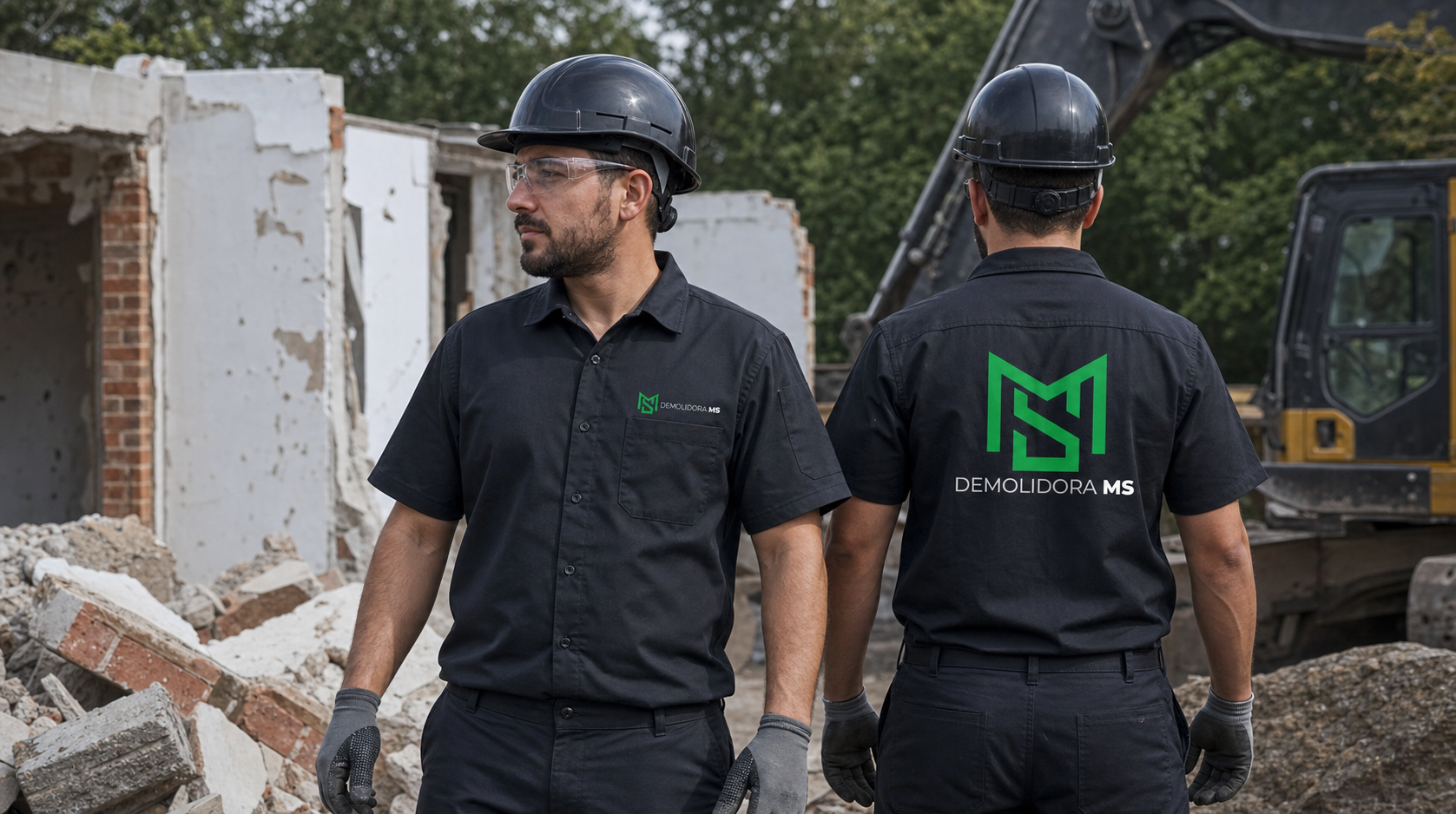 Equipe da Demolidora MS usando camisa personalizada em obra de demolição